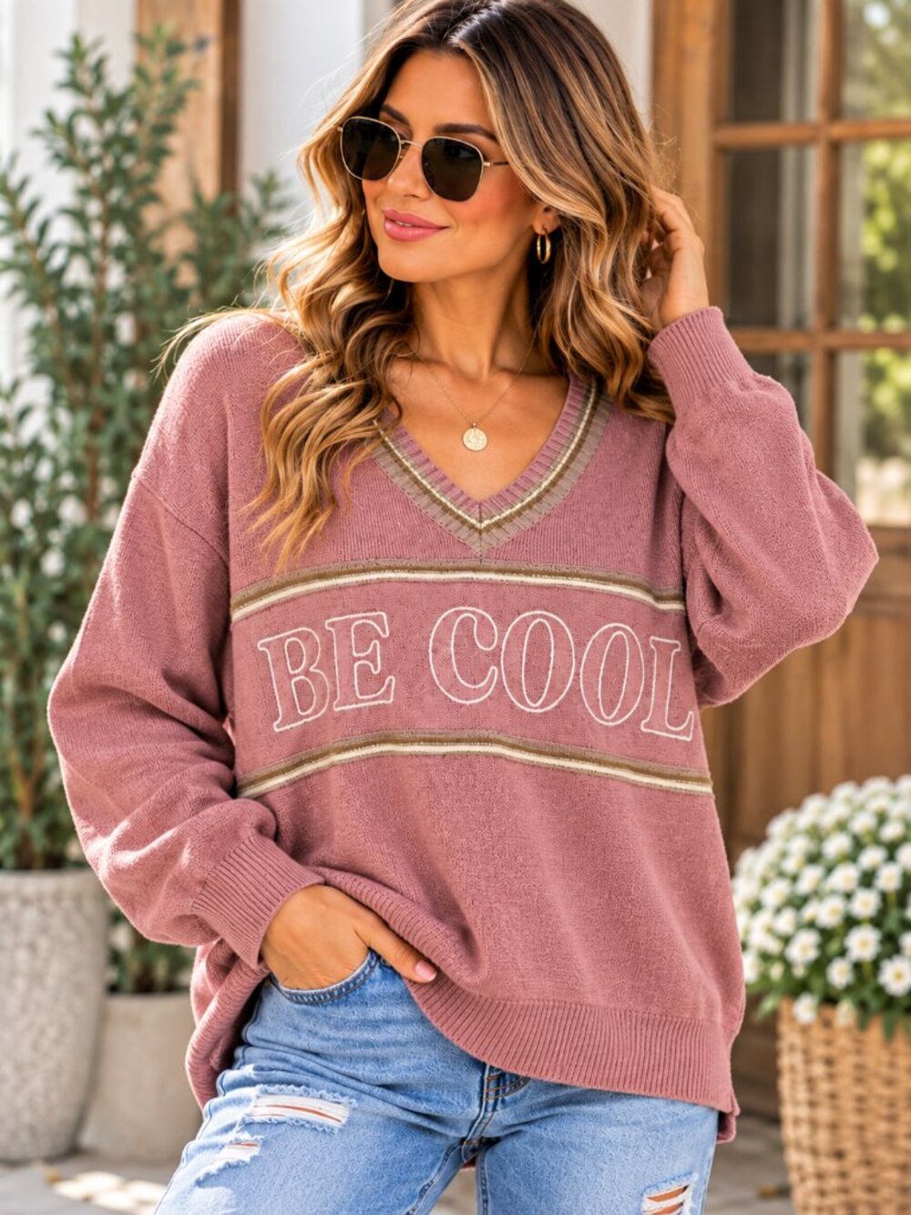 Le Lis Be Cool Graphic Knit V Neck Sweater Mauve Oversized XS